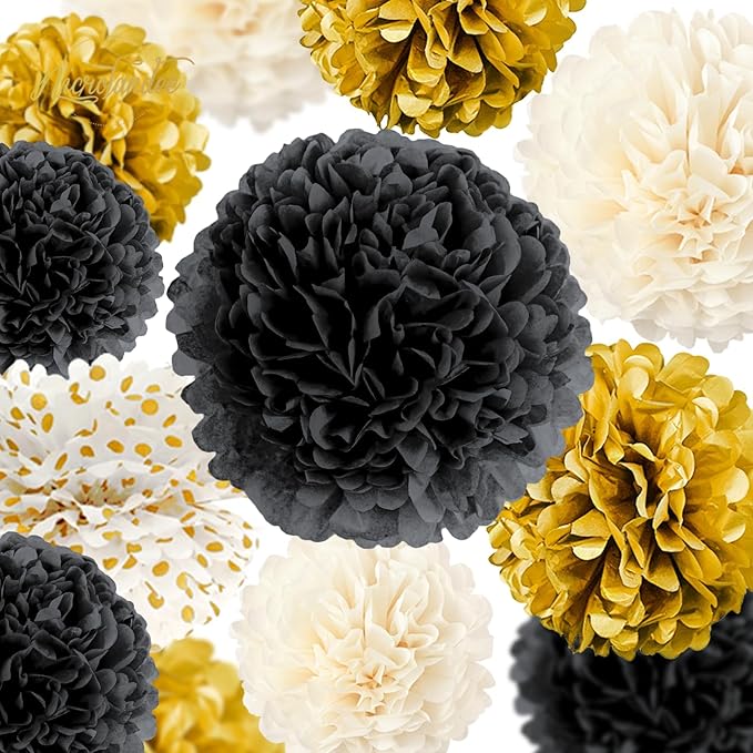 NICROLANDEE Black and Gold Party Supplies for 2026 Graduation - 12PCS Tissue Pom Poms 12" Decorative for Graduation, Wedding, Milestones Birthday for Men Women, Retirement Party, New Years Eve Party