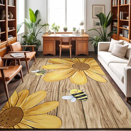 Area Rug 3x5ft, Summer Yellow Bee Blossom Flower Washable Rugs for Living Room Bedroom, Retro Rustic Brown Wood Board Soft Non-Slip Area Rugs Rectangle Floor Carpet for Dining Room