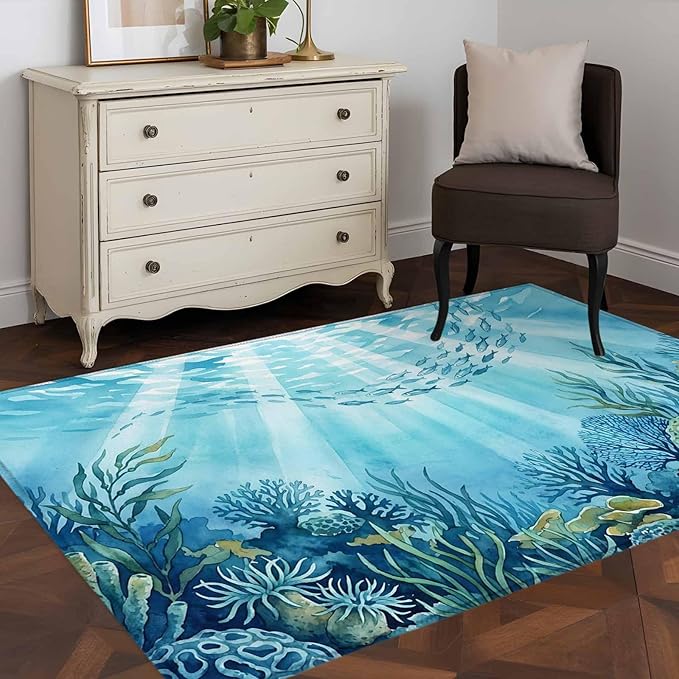 Area Rug 3x5ft, Underwater World Coral Seaweed Washable Rugs for Living Room Bedroom, Seafloor Ocean Life Fish Soft Non-Slip Area Rugs Rectangle Floor Carpet for Dining Room