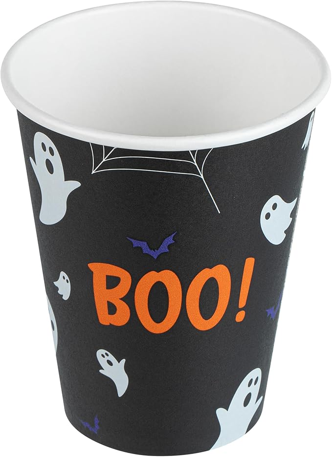 Restaurantware-Restpresso 12 Ounce Halloween Party Cups, 20 Disposable Hot Cups With Plastic Lids - Spooky Ghost Design, Rolled Rim, Black Paper Coffee Cups, Single Wall, Serve Hot And Cold Drinks