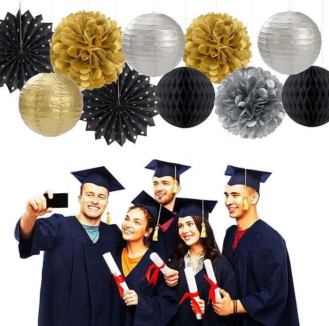 Black Gold Silver Party-Decorations Streamers-Lanterns - 14pcs Graduation 2026 Paper Fan,Tissue Flower Pom Poms Streamers,Honeycomb Balls,Men Birthday Wedding Baby Bridal Shower Decor Ouruola