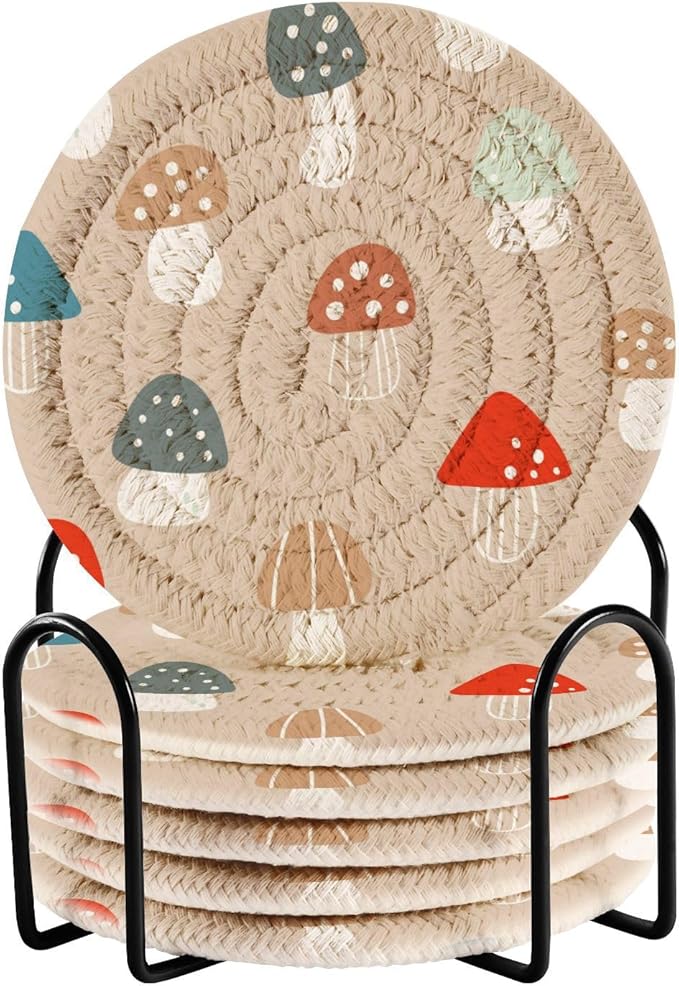 YETTASBIN Mushrooms 6 Pcs Drink Coasters with Holder, Cotton Woven Absorbent Heat-Resistant Round Coaster Non-Slip Table Mat for Kitchen Bar Home Decor Housewarming Gift, 3.9 in