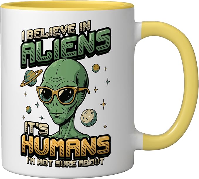 Alien Believer UFO Extraterrestrial Space Lover Ceramic Mug, Yellow/White
