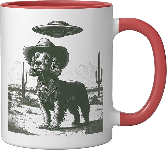 Funny Cowboy Dog UFO Alien Desert Cactus Western Canine Ceramic Mug, Red/White