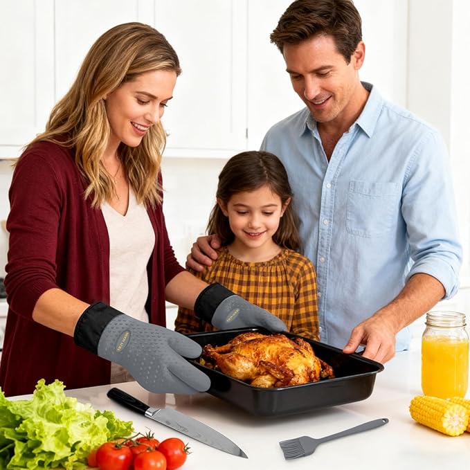 Silicone Smoker Oven Gloves - BBQ Gloves with Sharp Knife, Basting Brush and Sticky Hook.