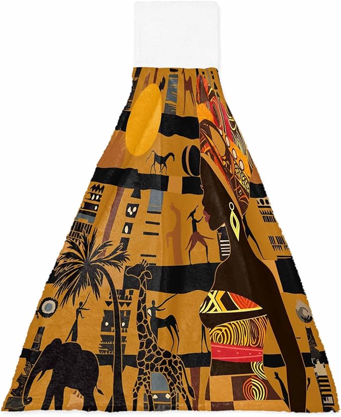 Alandar Home Kitchen Tie Towel Set of 1, Black Women Giraffe Elephant Tree Absorbent Soft Hand Towels for Bathroom Hanging Towels, African Animal Fast Drying Cleaning Cloth with Loop