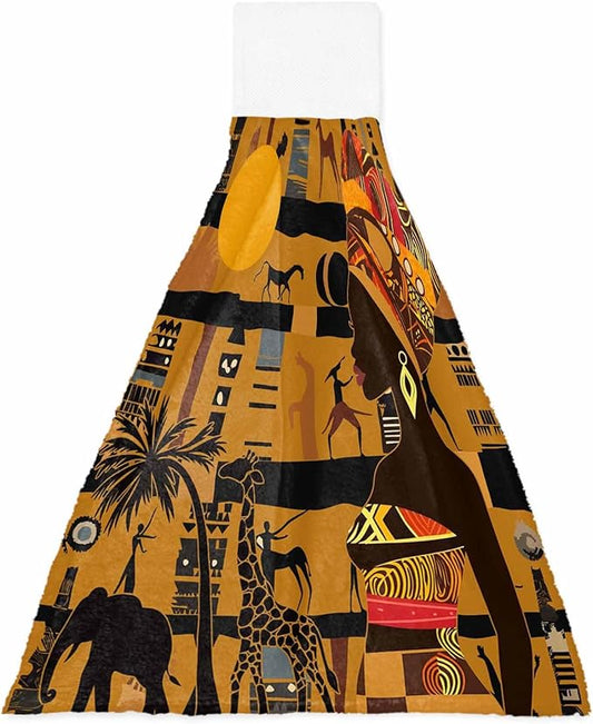 Alandar Home Kitchen Tie Towel Set of 1, Black Women Giraffe Elephant Tree Absorbent Soft Hand Towels for Bathroom Hanging Towels, African Animal Fast Drying Cleaning Cloth with Loop