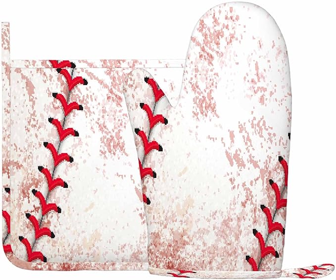 Mxocom Baseball Background Silicone Oven Mitts and Pot Holders Sets BBQ Gloves for Kitchen,Cooking,Baking,Grilling
