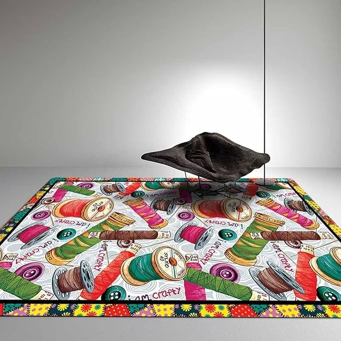 Vintage Sewing Machine Themed Area Rug for Entrance Kitchen Non-Slip Fashion Needlework Thread Bordered Carpet Craft Room Decor Fun Sewing Buttons Rug 3'x5'
