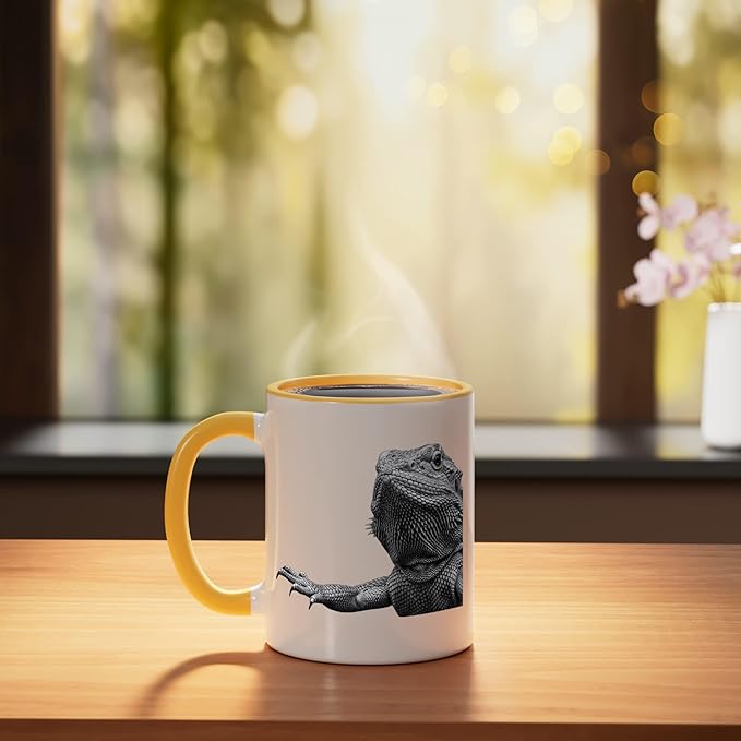 Bearded Dragon Alien Saucer Sci Fi Reptile Kids Ceramic Mug, Yellow/White