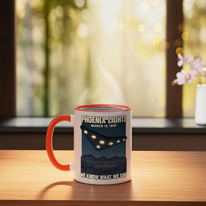 Phoenix Lights UFO V Shaped Flying Saucer Alien Ceramic Mug, Orange/White