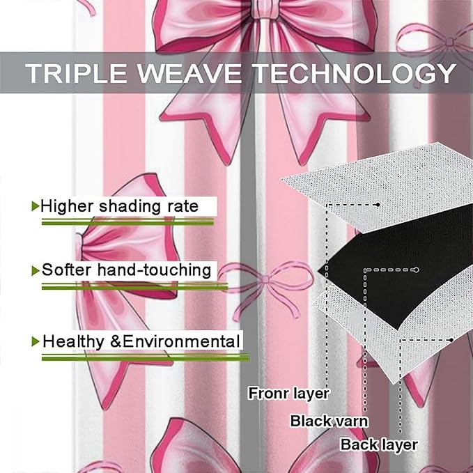 Pink Bowknot Blackout Curtain,Girls Kids Cute Bow Stripe Abstract Window Treatment Curtains Dining Room Living Room Kitchen Cafe Bedroom Office Nursery Drapes,42x45 in