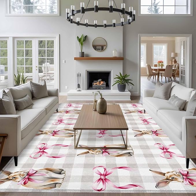 Area Rug 6x9ft, Easter Rabbit Pink Bow Washable Rugs for Living Room Bedroom, Seamless Bunny Gray Buffalo Plaid Soft Non-Slip Area Rugs Rectangle Floor Carpet for Dining Room