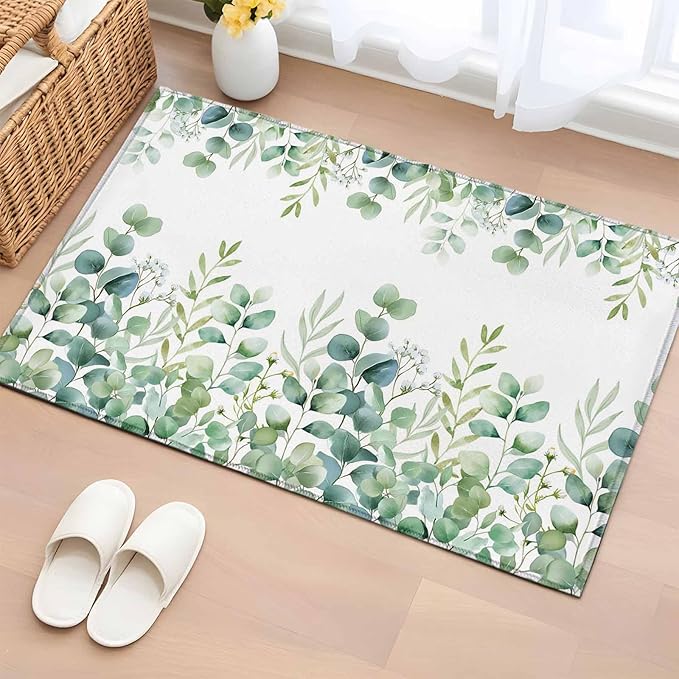 Sage Green Eucalyptus Leaves 2x3 Door Mat Rug, Farmhouse Botanical Non-Skid Rubber Backing Large Rectangle Rugs - Living Room Bedroom Home Office, Country Indoor Floor Mat Carpets Washable Rug