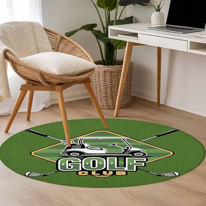 Washable Round Area Rug Golf Club Sports Circle Rugs Floor Carpet for Living Room Bedroom, Green Soft Non Slip Round Rug 4ft