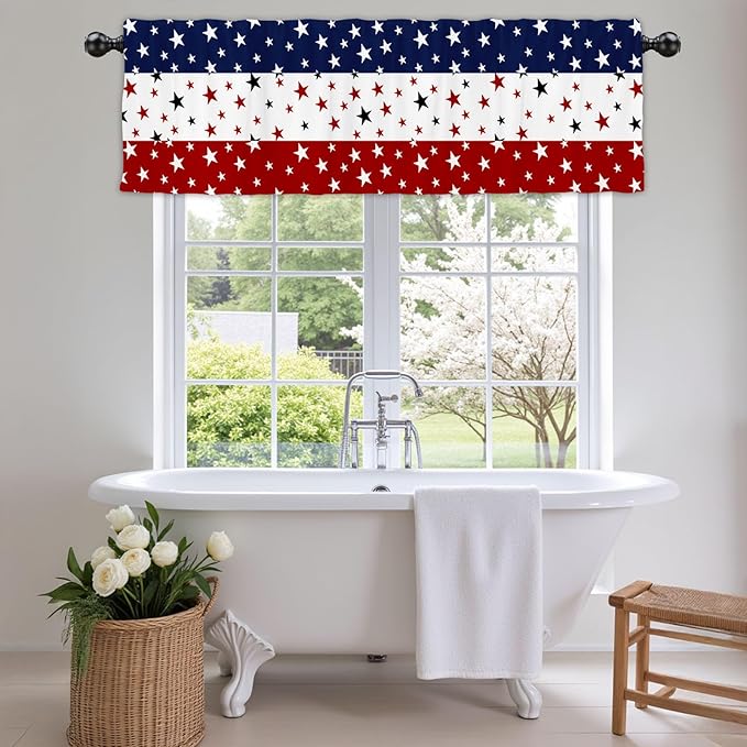 54x18Inch Star Stripe Print Topper Curtains Red Blue White Voile Window Treatment Bedroom Kitchen Independence Day 4th of July Patriotic Decor Short Semi Sheer Valance Drapes American
