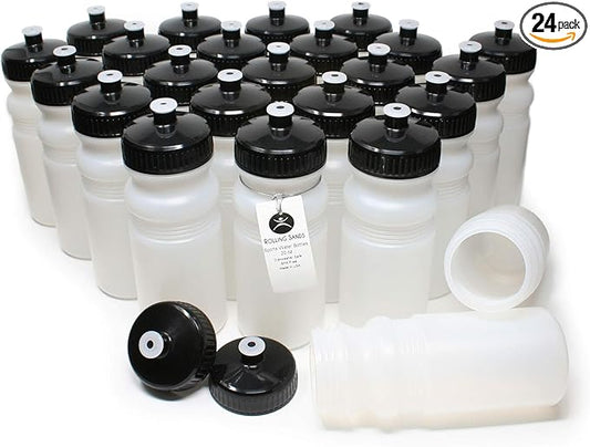 Rolling Sands Reusable Bulk Water Bottles 24 Pack - 20 Oz Sports Water Bottles, USA Made, BPA-Free, Wide Mouth for Easy Cleaning, Dishwasher Safe, Break Resistant - Clear Frost Bottle/Black Lid