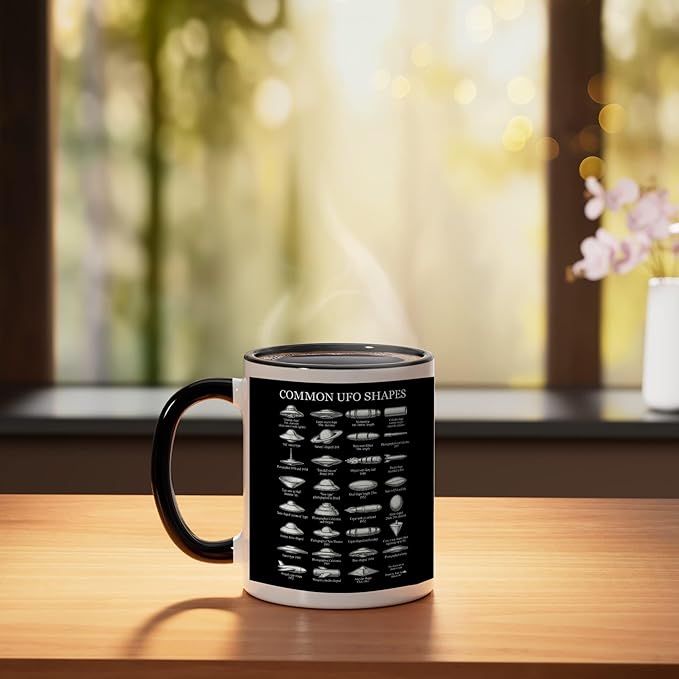 Common UFO Shapes Vintage Chart Alien Flying Saucer Ceramic Mug, Black/White