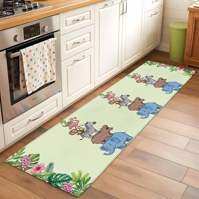 Runner Rug for Bedroom Hallway, Funny Elephant Zebra Flamingo Kitchen Runner Rugs Area Rug 2x6ft, Tropical Leaves Floral Washable Soft Floor Carpet for Entryway Stair