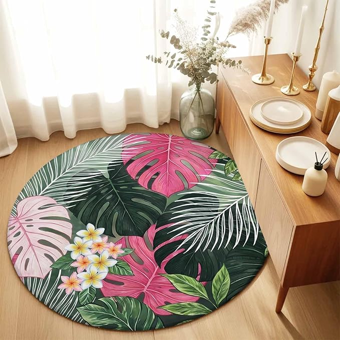 Washable Round Area Rug Summer Watercolor Pink Green Leaf Circle Rugs Floor Carpet for Living Room Bedroom, Tropical Flower Leaves Plant Soft Non Slip Round Rug 5ft