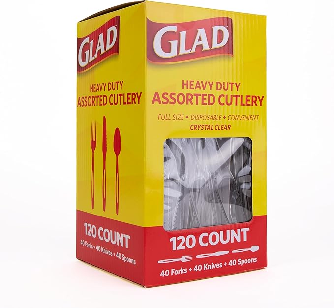 Glad Clear Disposable Cutlery Set with Heavy Duty Plastic Forks, Knives, and Spoons, Reusable Dishwasher Safe Plastic Utensils for Parties and Everyday Use, 120 Count - 6 Pack
