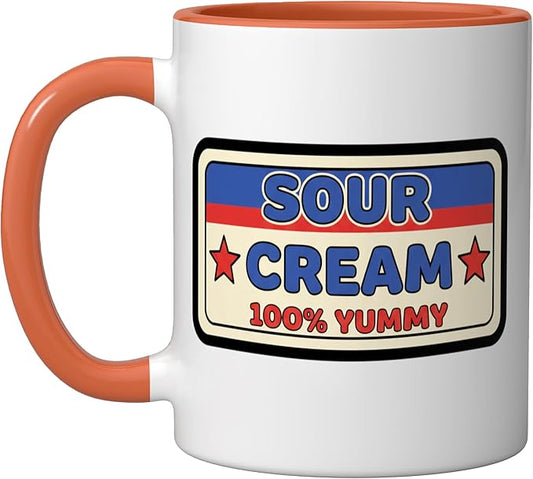 Sour Cream 100% Yummy Retro Food Label Vintage Snack Ceramic Mug, Orange/White