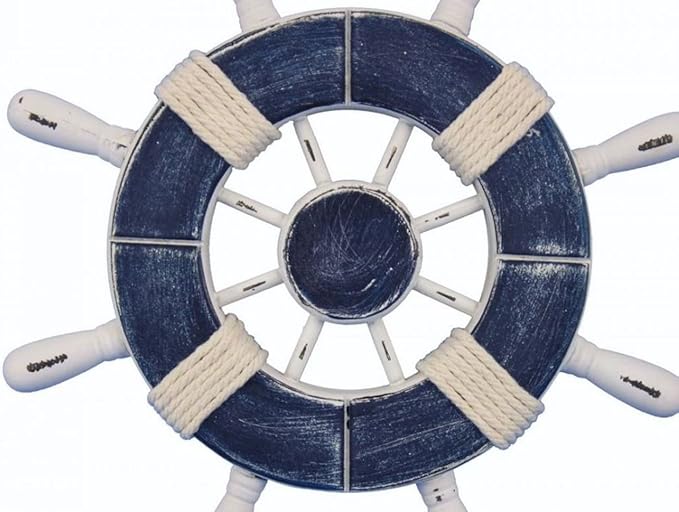 Hampton Nautical Wheel-9-108 Rustic Decorative Ship Wheel, 9", Dark Blue/White