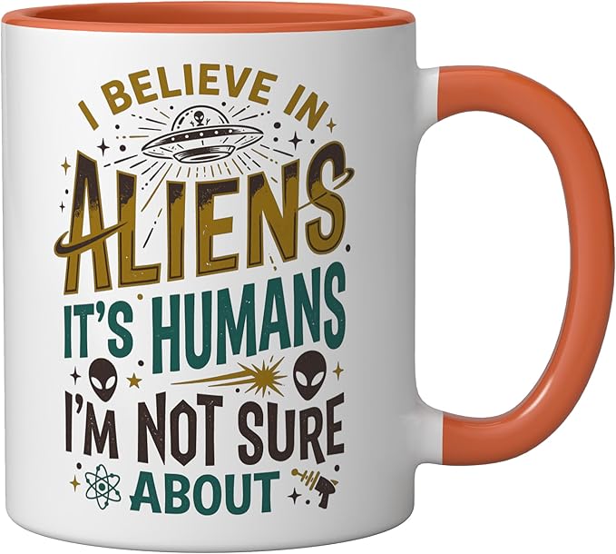 Alien Believer UFO Extraterrestrial Space Lover Ceramic Mug, Orange/White
