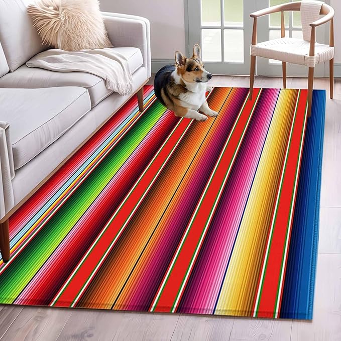 Area Rug 4x6ft, Mexican Stripes Vintage Boho Washable Rugs for Living Room Bedroom, Native American Stripe Soft Non-Slip Area Rugs Rectangle Floor Carpet for Dining Room