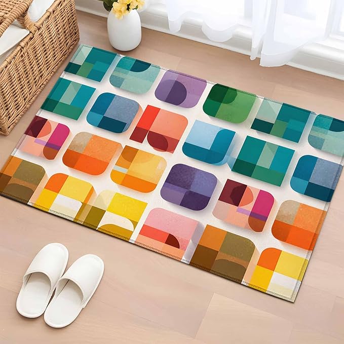 Area Rug 2x3ft, Modern Geometric Squares Washable Rugs for Living Room Bedroom, Colorful Abstract Art Soft Non-Slip Area Rugs Rectangle Floor Carpet for Dining Room