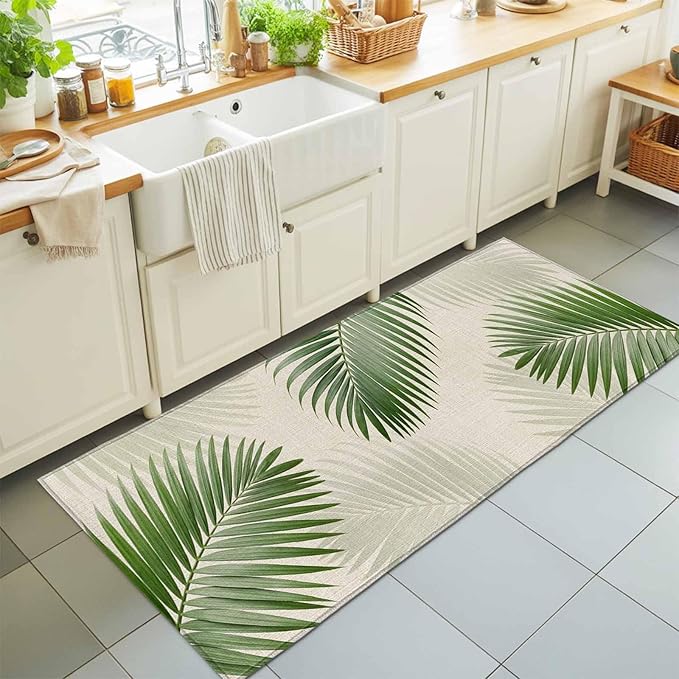 Runner Rug for Bedroom Hallway, Rustic Sage Green Palm Leaves on Linen Kitchen Runner Rugs Area Rug 2x6ft, Summer Plants Washable Soft Floor Carpet for Entryway Stair
