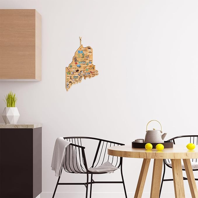 Totally Bamboo Maine State Shaped Cutting Board and Charcuterie Serving Platter with Artwork by Fish Kiss, Includes Hang Tie for Wall Display