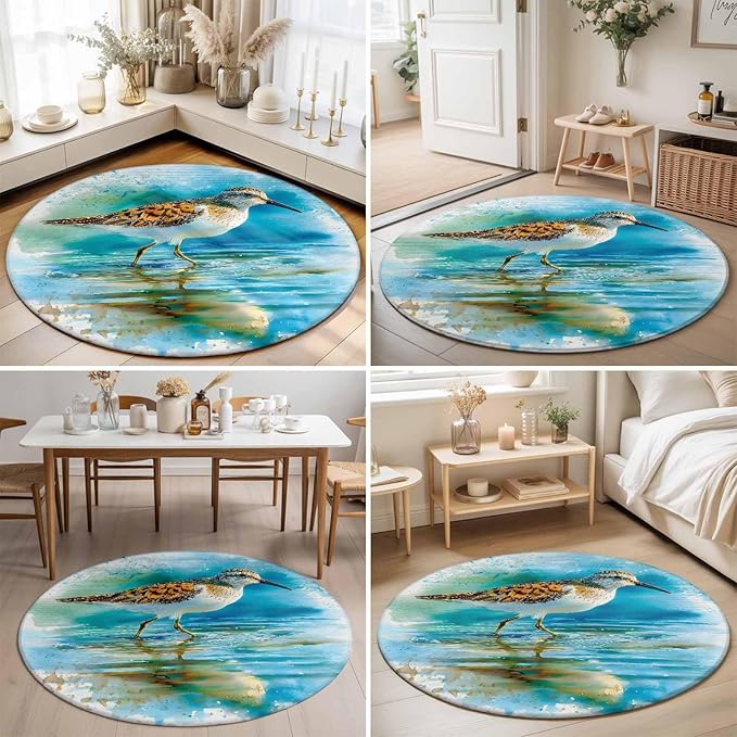 Washable Round Area Rug Natural Lake Bird Water Reflection Circle Rugs Floor Carpet for Living Room Bedroom, Animal Splatter Art Soft Non Slip Round Rug 3ft