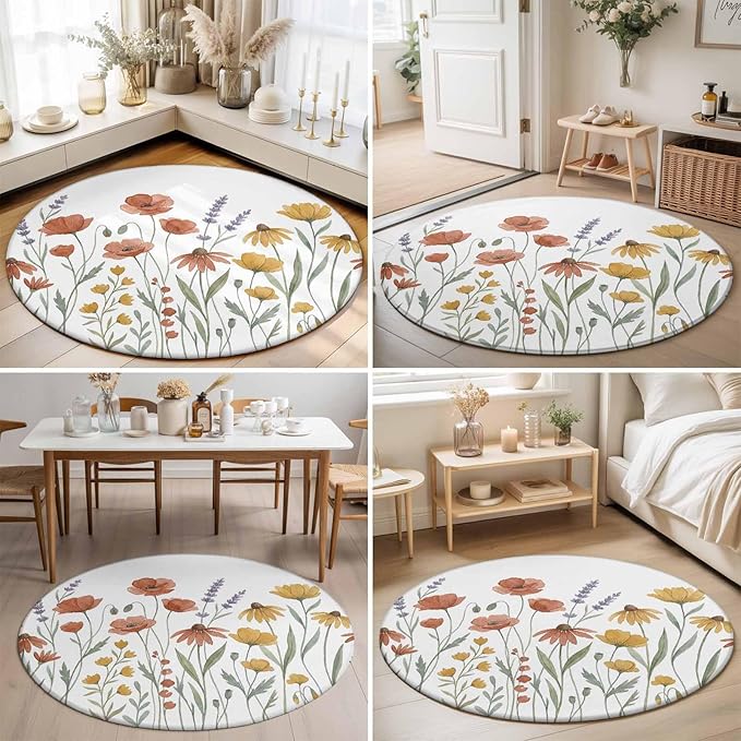 Washable Round Area Rug Watercolor Daisies Lavender Circle Rugs Floor Carpet for Living Room Bedroom, Country Floral Art Soft Non Slip Round Rug 5ft