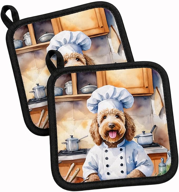 Caroline's Treasures Labradoodle The Chef Pair of Pot Holders Kitchen Heat Resistant Pot Holders Sets Oven Hot Pads for Cooking Baking BBQ, 7 1/2 x 7 1/2
