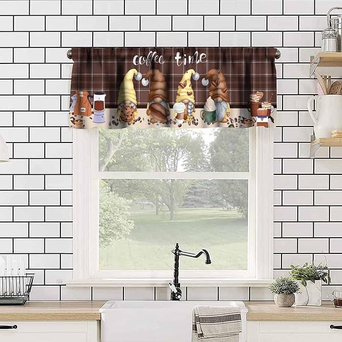 Coffee Gnome Curtain Valance, Rustic Vintage Brown Plaid Beans Drinks Latte Cappuccino Farmhouse Country Short Window Drapes for Kitchen Cafe Dining Room Bedroom Living Room, 54x18Inch