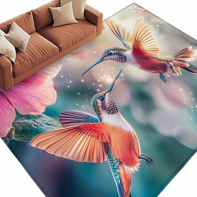 Area Rug 6x9ft, Spring Hummingbird Pink Petals Flowers Washable Rugs for Living Room Bedroom, Dreamlike Animal Focus Scenery Soft Non-Slip Area Rugs Rectangle Floor Carpet for Dining Room
