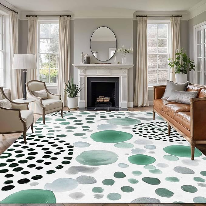 Area Rug 9x12ft, Abstract Teal Circles Washable Rugs for Living Room Bedroom Rectangle Floor Carpet, Sage Green Geometric Round Soft Non-Slip Area Rugs for Dining Room