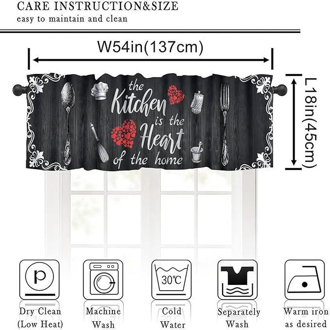 Retro Farmhouse Kitchen Valance, Black White Vintage Country Fork Spoon Heart Wooden Farm Short Curtain for Dining Room Bedroom Living Room Resturant Cafe Home Decor, 54x18Inch