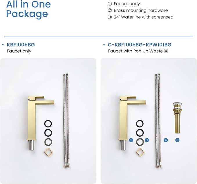 KIBI Waterfall Bathroom Sink Faucet | Single Handle Brass Vanity Faucet with Water Supply Hose | Durable Brass Construction and Smooth Water Flow | Brushed Gold Finish, KBF1005 (Pop Up Drain Included)