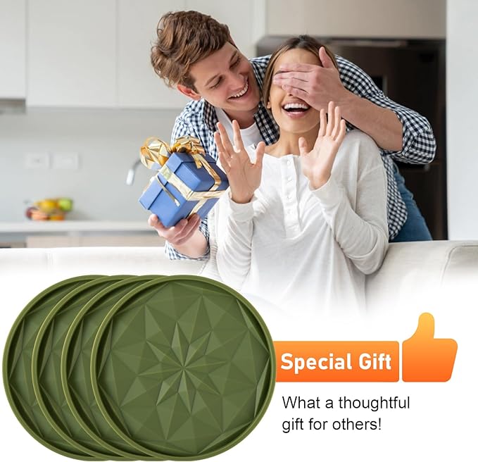 OIAHOMY 8 Pcs Coasters with Holder for Beer, Coffee, Silicone Coaster Set for Table Decor for Kitchen, Bar, Dining Room, Living Room, Housewarming Gifts - Green