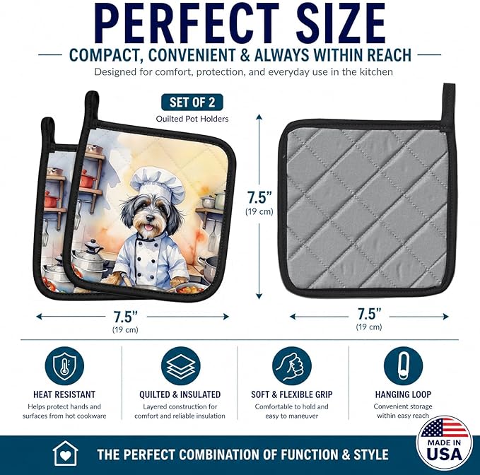 Caroline's Treasures Tibetan Terrier The Chef Pair of Pot Holders Kitchen Heat Resistant Pot Holders Sets Oven Hot Pads for Cooking Baking BBQ, 7 1/2 x 7 1/2