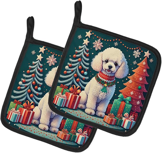 Caroline's Treasures White Toy Poodle Christmas Pair of Pot Holders Kitchen Heat Resistant Pot Holders Sets Oven Hot Pads for Cooking Baking BBQ, 7 1/2 x 7 1/2