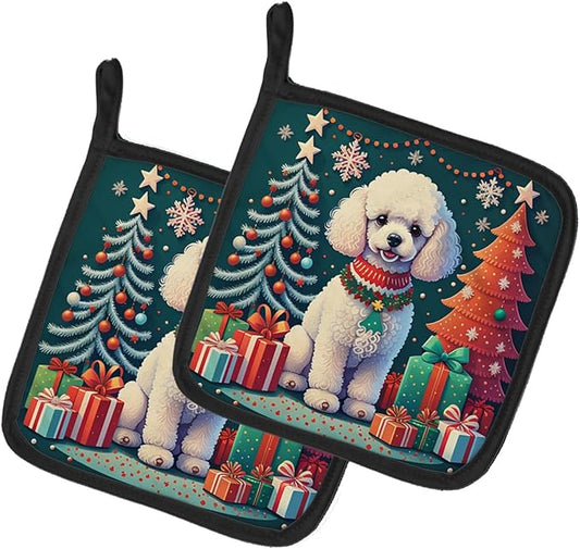 Caroline's Treasures White Toy Poodle Christmas Pair of Pot Holders Kitchen Heat Resistant Pot Holders Sets Oven Hot Pads for Cooking Baking BBQ, 7 1/2 x 7 1/2