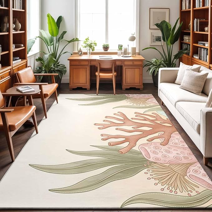 Area Rug 4x6ft, Ocean Coral Seaweed Shell Reef Washable Rugs for Living Room Bedroom, Watercolor Marine Theme Soft Non-Slip Area Rugs Rectangle Floor Carpet for Dining Room