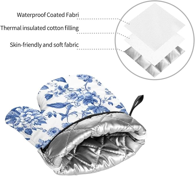 4 Pcs Blue and White Flower Oven Mitts and Potholders,Kitchen Oven Glove with Pot Holders,Non-Slip Gloves High Heat Resistant 500 Degree for BBQ, Grill, Baking, Cooking, Oven, Microwave