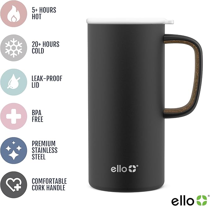Ello Campy 18oz Stainless Steel Travel Mug with Handle and Leak Proof Lid | Vacuum Insulated Coffee Cup for Hot or Cold Drinks | Reusable, BPA Free | Gift for Coffee Lovers, Matte Black