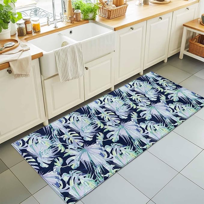 Runner Rug for Bedroom Hallway, Watercolor Blue Teal Palm Leaves Kitchen Runner Rugs Area Rug 2x6ft, Abstract Botanical Washable Soft Floor Carpet for Entryway Stair