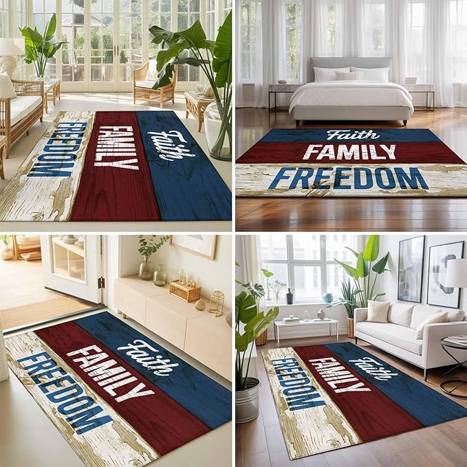 Area Rug 9x12ft, Independence Day USA Flag Washable Rugs for Living Room Bedroom Rectangle Floor Carpet, Vintage Wooden Grain Soft Non-Slip Area Rugs for Dining Room