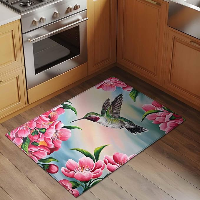 Area Rug 2x3ft, Hummingbird Flower Peach Blossom Washable Rugs for Living Room Bedroom, Nature Oil Painting Art Soft Non-Slip Area Rugs Rectangle Floor Carpet for Dining Room